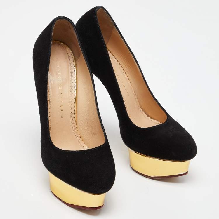 Pre Owned Charlotte Olympia Black Suede Dolly Platform Pumps Size 37.5