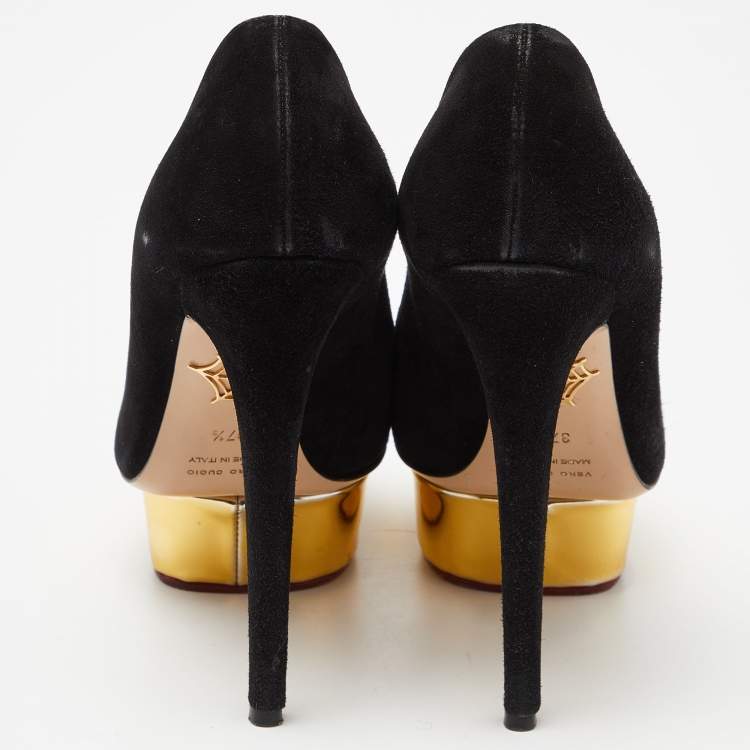 Pre Owned Charlotte Olympia Black Suede Dolly Platform Pumps Size 37.5