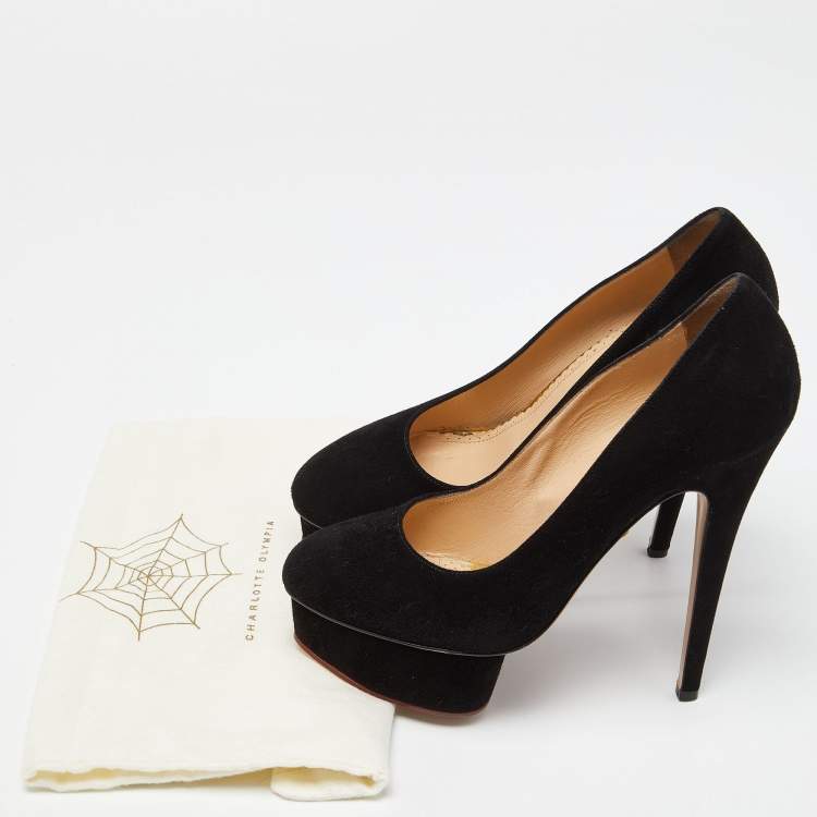 Pre Owned Charlotte Olympia Black Suede Dolly Platform Pumps Size 38.5