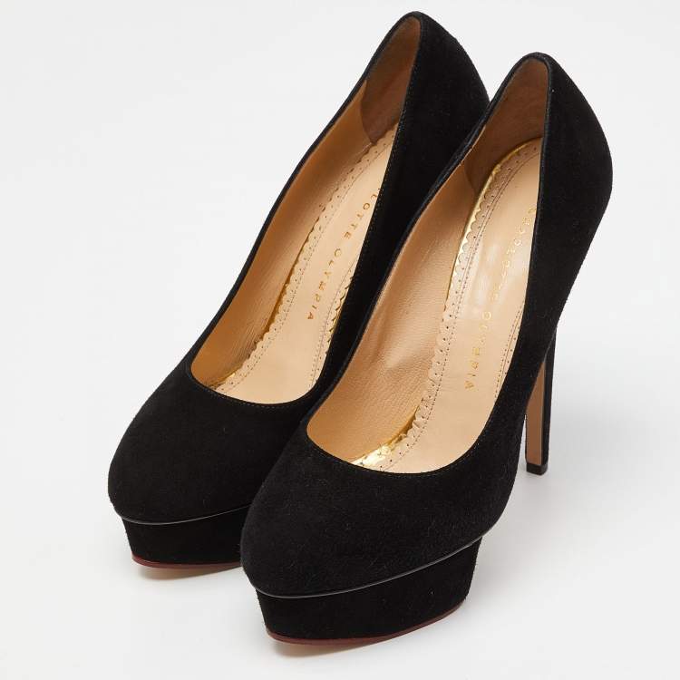 Pre Owned Charlotte Olympia Black Suede Dolly Platform Pumps Size 38.5