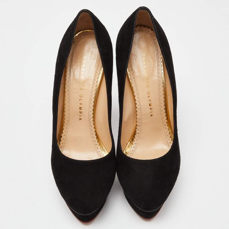 Pre Owned Charlotte Olympia Black Suede Dolly Platform Pumps Size 38.5