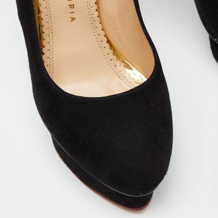 Pre Owned Charlotte Olympia Black Suede Dolly Platform Pumps Size 38.5