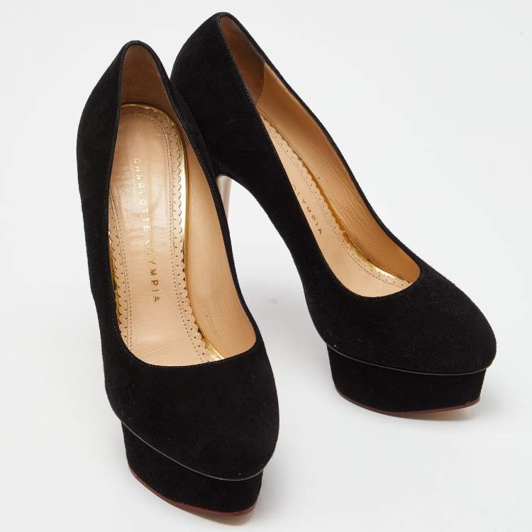 Pre Owned Charlotte Olympia Black Suede Dolly Platform Pumps Size 38.5