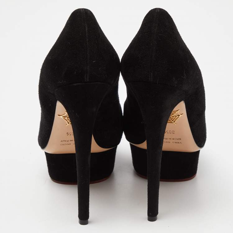 Pre Owned Charlotte Olympia Black Suede Dolly Platform Pumps Size 38.5