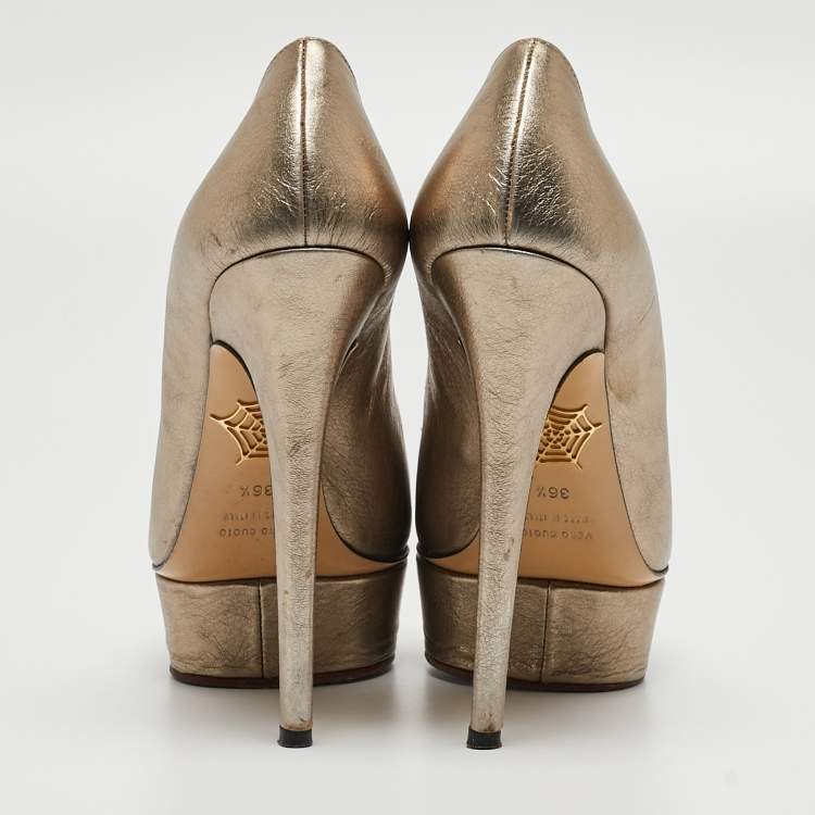 Pre Owned Charlotte Olympia Metallic Leather Dolly Platform Pumps Size 36.5