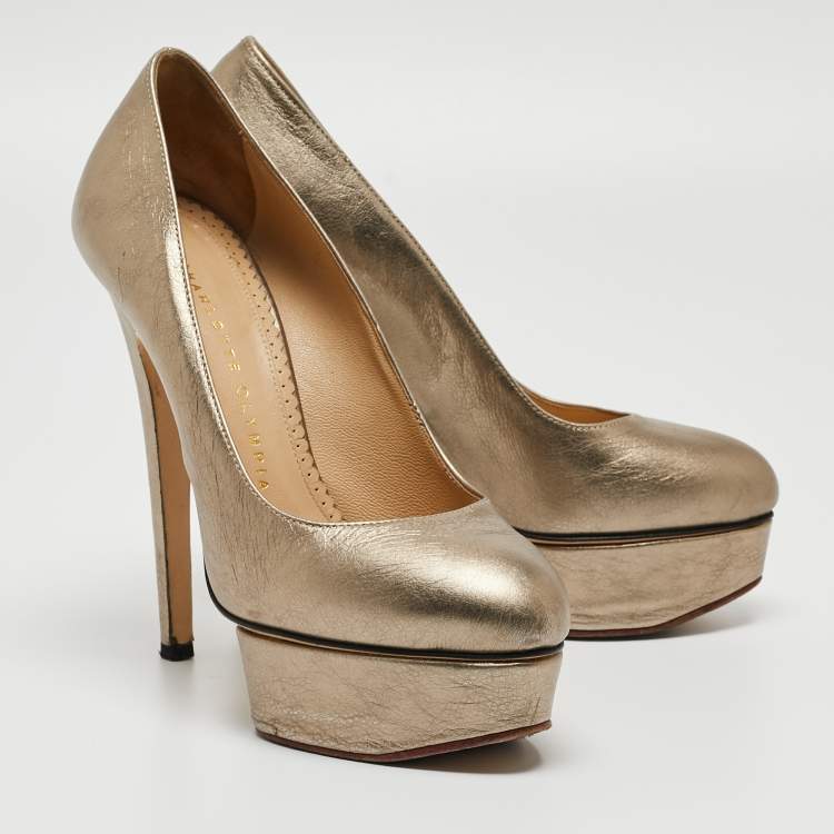 Pre Owned Charlotte Olympia Metallic Leather Dolly Platform Pumps Size 36.5