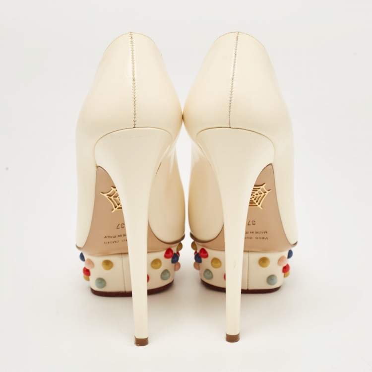 Pre Owned Charlotte Olympia Off White Leather Embellished Dolly Platform Pumps Size 37