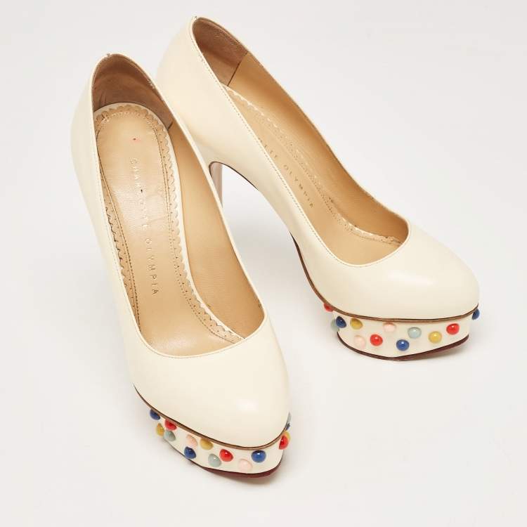 Pre Owned Charlotte Olympia Off White Leather Embellished Dolly Platform Pumps Size 37