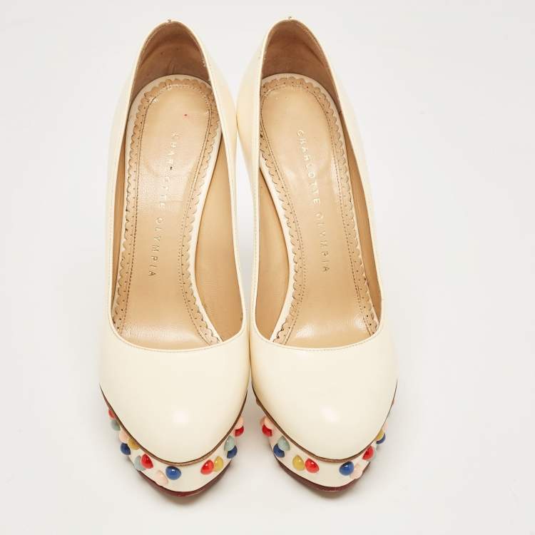 Pre Owned Charlotte Olympia Off White Leather Embellished Dolly Platform Pumps Size 37