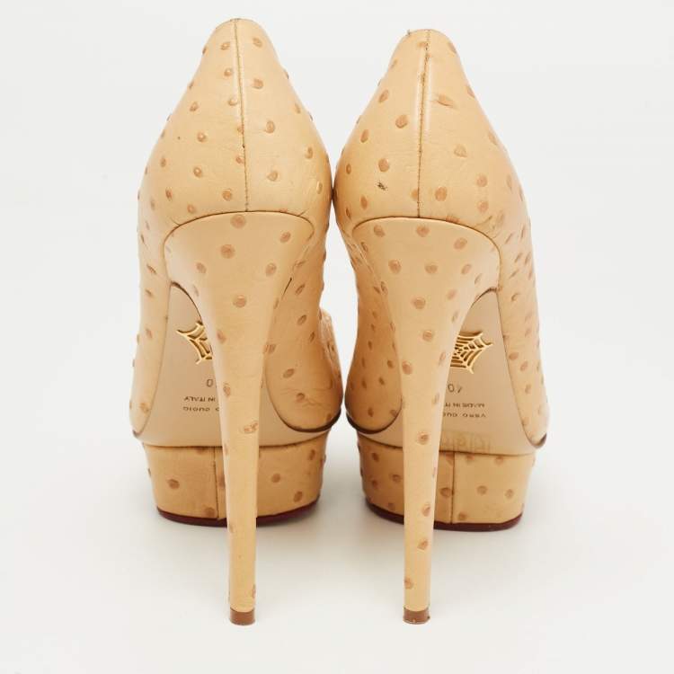 Pre Owned Charlotte Olympia Beige Ostrich Leather Dolly Platform Pumps Size 40
