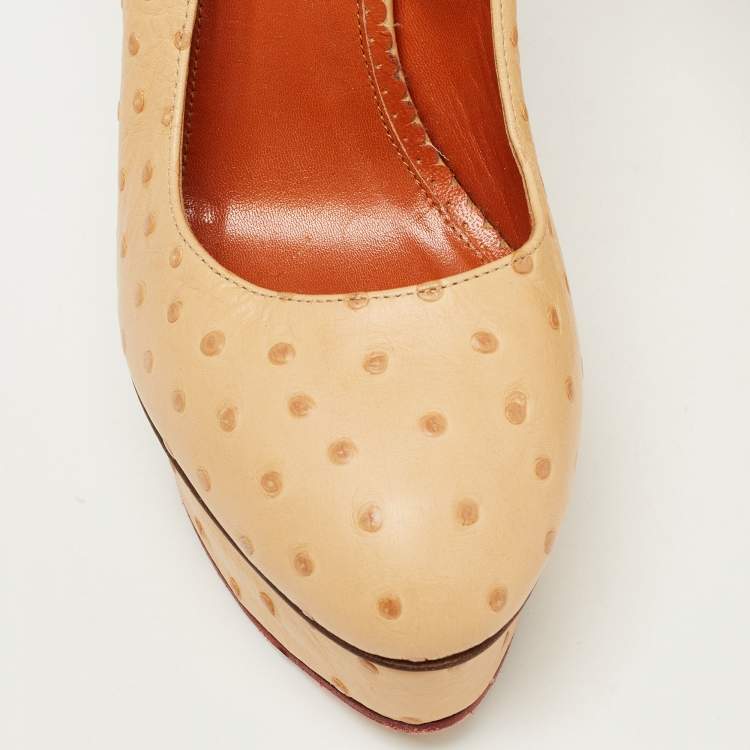 Pre Owned Charlotte Olympia Beige Ostrich Leather Dolly Platform Pumps Size 40