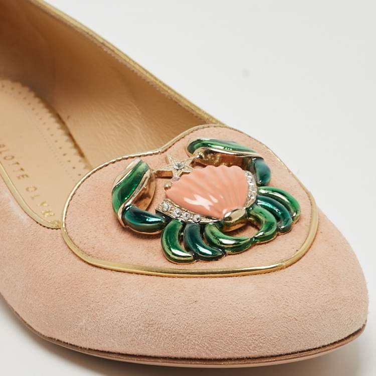 Pre Owned Charlotte Olympia Peach Suede Birthday Zodiac Cancer Ballet Flats Size 37.5