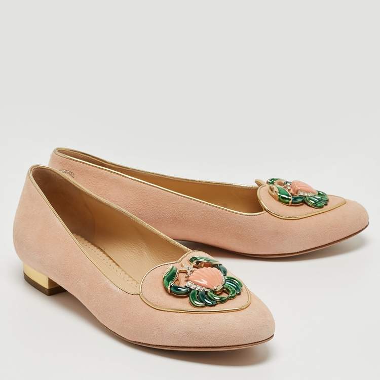 Pre Owned Charlotte Olympia Peach Suede Birthday Zodiac Cancer Ballet Flats Size 37.5