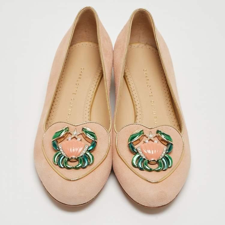 Pre Owned Charlotte Olympia Peach Suede Birthday Zodiac Cancer Ballet Flats Size 37.5