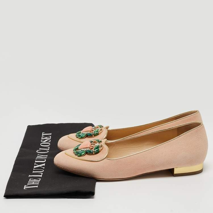 Pre Owned Charlotte Olympia Peach Suede Birthday Zodiac Cancer Ballet Flats Size 37.5