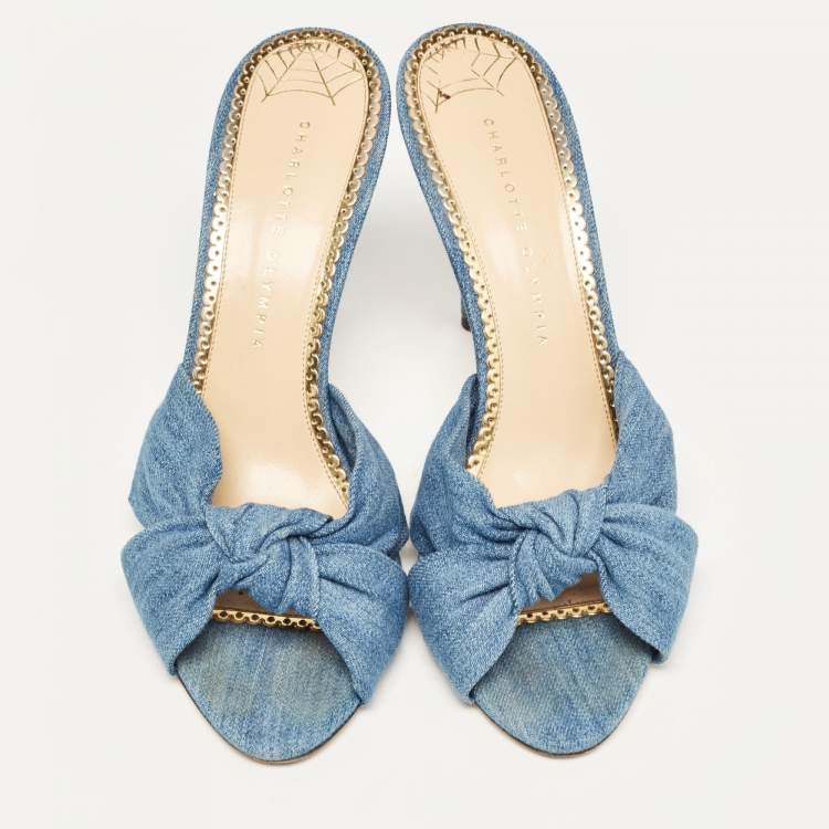 Pre Owned Charlotte Olympia Blue Demin Knotted Slides Size 41 