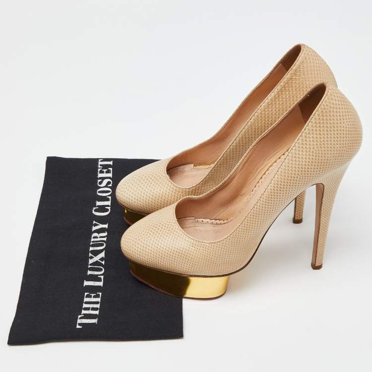 Pre Owned Charlotte Olympia Beige/Gold Karung Leather Dolly Platform Pumps Size 39