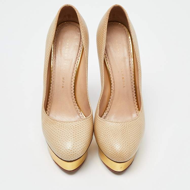 Pre Owned Charlotte Olympia Beige/Gold Karung Leather Dolly Platform Pumps Size 39