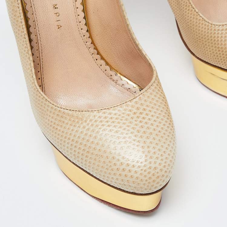 Pre Owned Charlotte Olympia Beige/Gold Karung Leather Dolly Platform Pumps Size 39