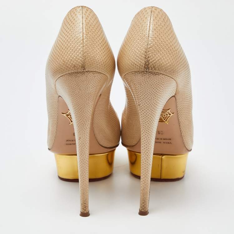 Pre Owned Charlotte Olympia Beige/Gold Karung Leather Dolly Platform Pumps Size 39