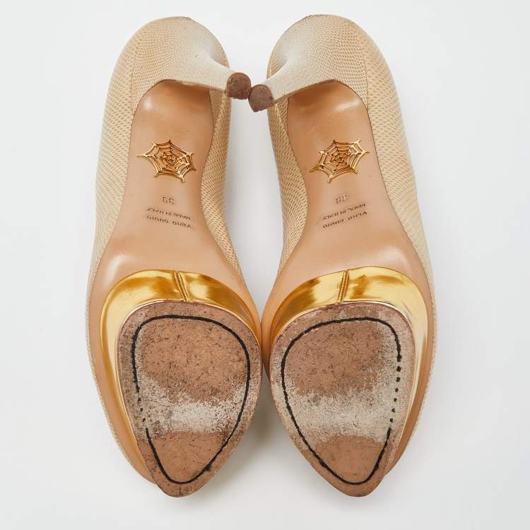 Pre Owned Charlotte Olympia Beige/Gold Karung Leather Dolly Platform Pumps Size 39