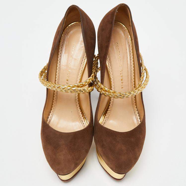Pre Owned Charlotte Olympia Brown/Gold Suede Dolly Platform Pumps Size 42