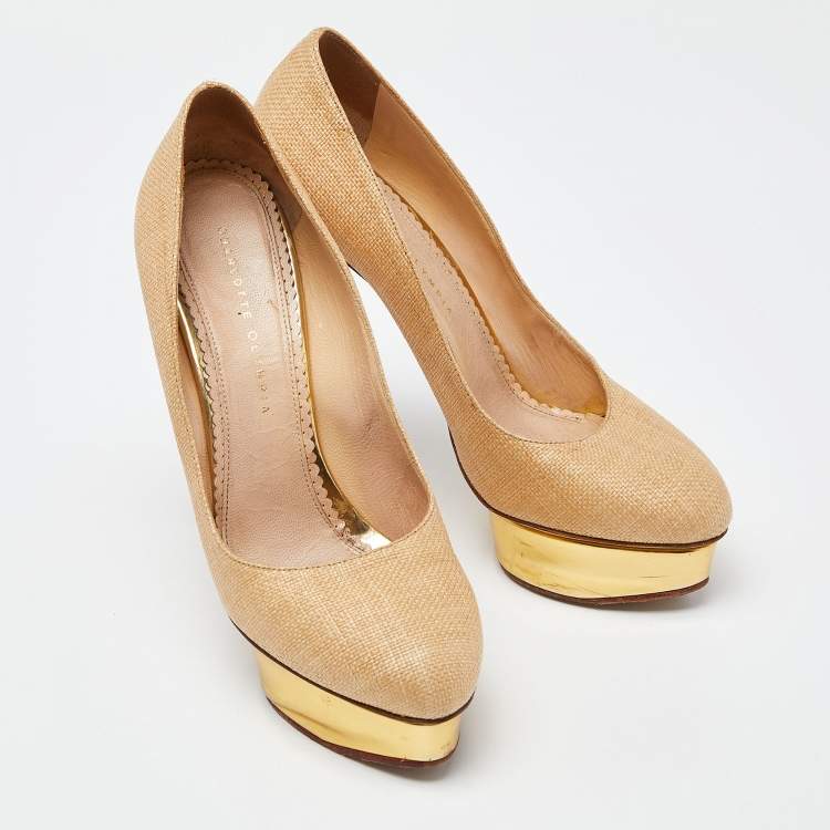Pre Owned Charlotte Olympia Light Brown Raffia Dolly Pumps Size 42