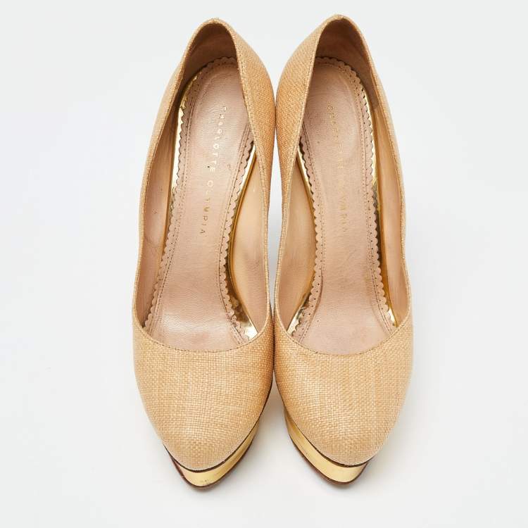 Pre Owned Charlotte Olympia Light Brown Raffia Dolly Pumps Size 42