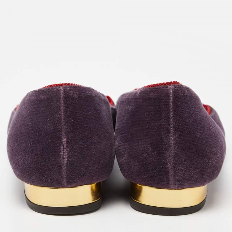 Pre Owned Charlotte Olympia Purple Velvet Emoticats Cheeky Kitty Ballet Flats Size 39.5