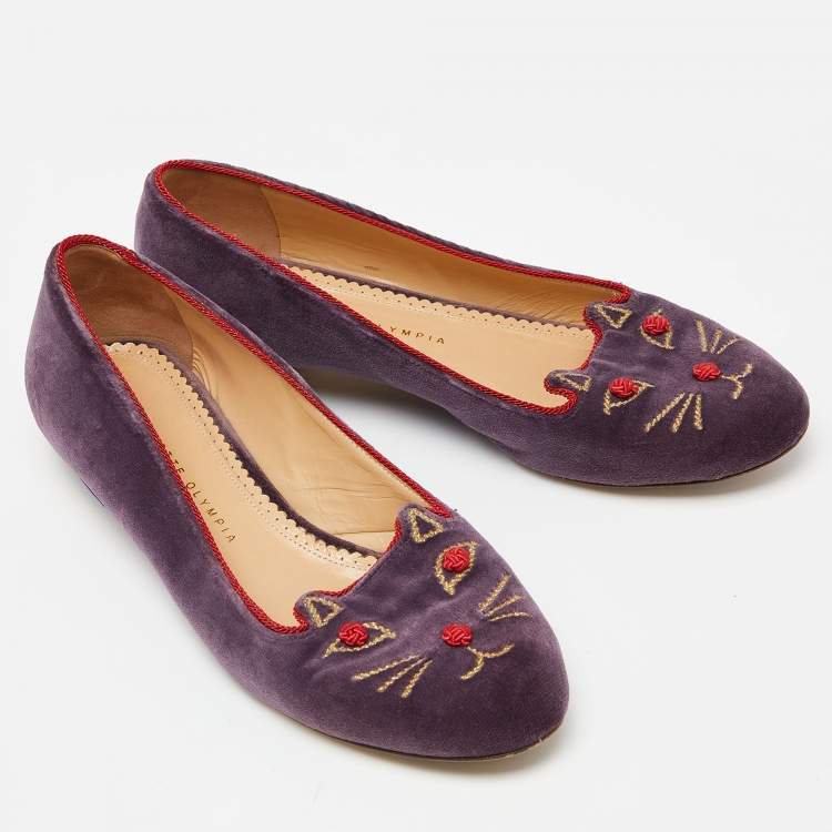 Pre Owned Charlotte Olympia Purple Velvet Emoticats Cheeky Kitty Ballet Flats Size 39.5