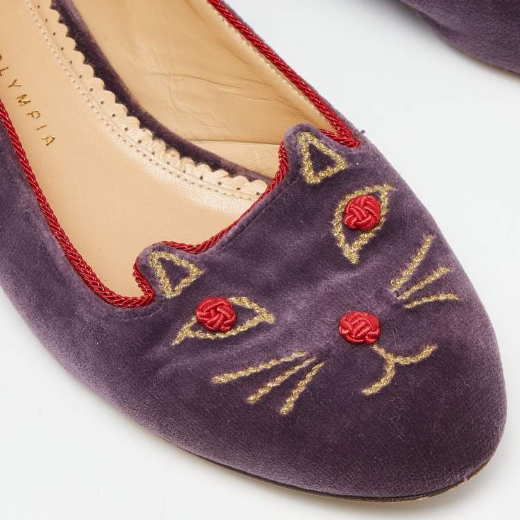 Pre Owned Charlotte Olympia Purple Velvet Emoticats Cheeky Kitty Ballet Flats Size 39.5
