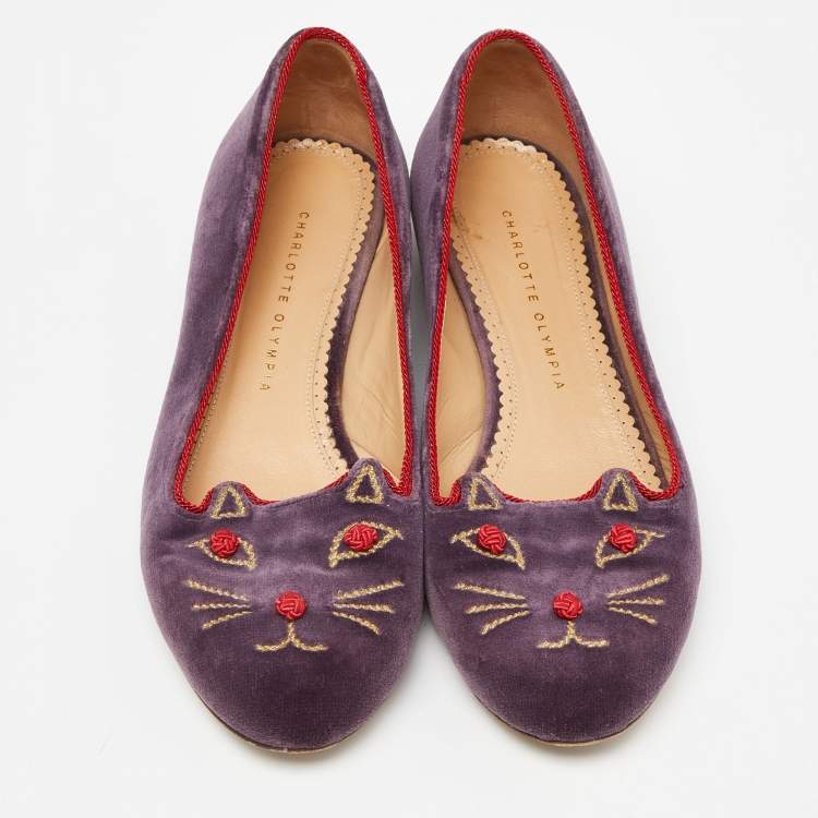 Pre Owned Charlotte Olympia Purple Velvet Emoticats Cheeky Kitty Ballet Flats Size 39.5