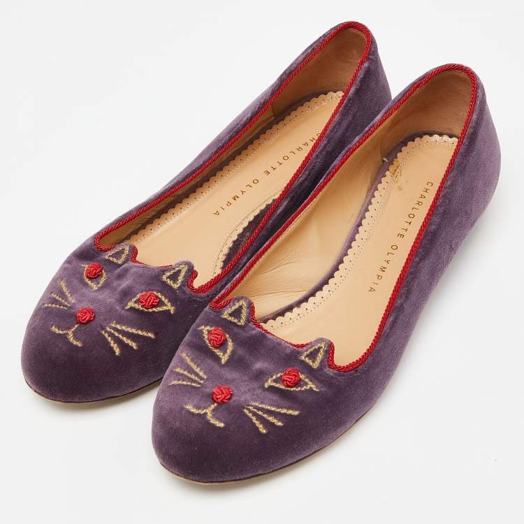 Pre Owned Charlotte Olympia Purple Velvet Emoticats Cheeky Kitty Ballet Flats Size 39.5