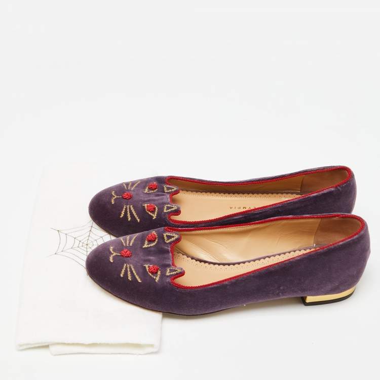 Pre Owned Charlotte Olympia Purple Velvet Emoticats Cheeky Kitty Ballet Flats Size 39.5