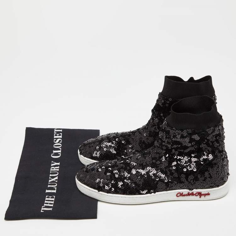 Pre Owned Charlotte Olympia Black Sequin Sock Sneakers Size 39