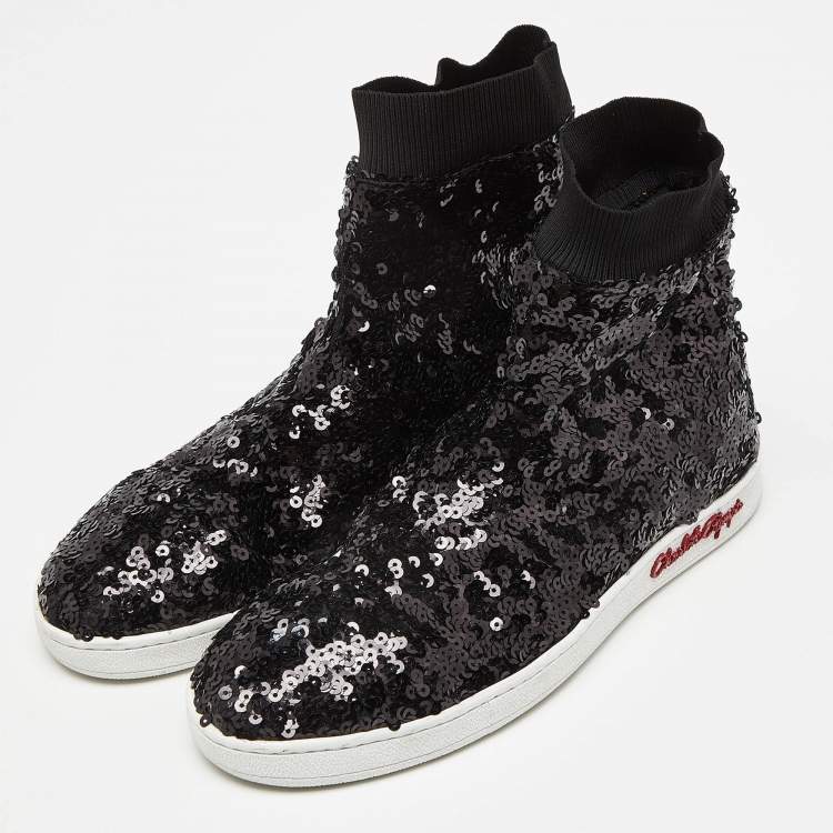 Pre Owned Charlotte Olympia Black Sequin Sock Sneakers Size 39