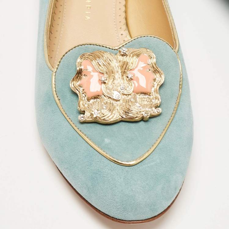 Pre Owned Charlotte Olympia Blue Suede Birthday Zodiac Gemini Ballet Flats Size 42