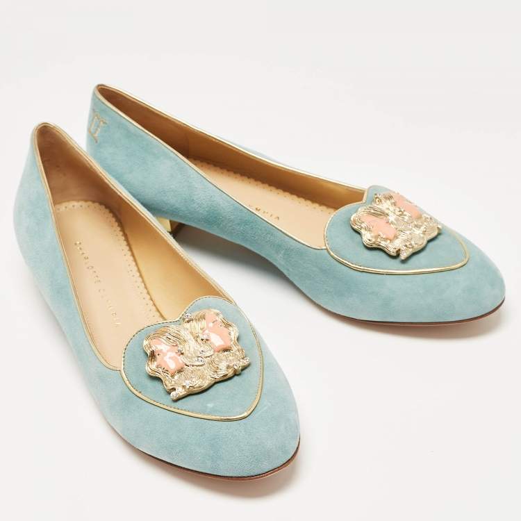 Pre Owned Charlotte Olympia Blue Suede Birthday Zodiac Gemini Ballet Flats Size 42