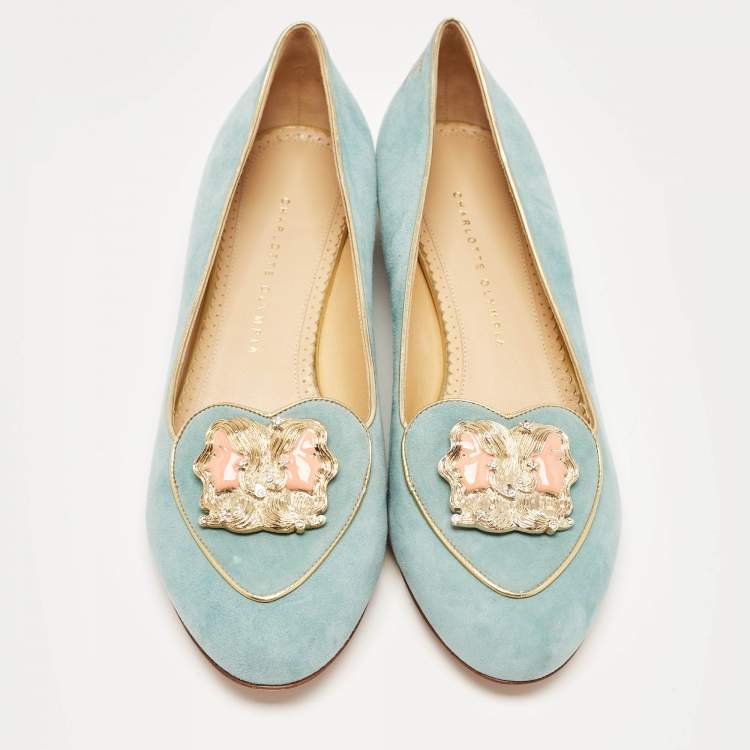 Pre Owned Charlotte Olympia Blue Suede Birthday Zodiac Gemini Ballet Flats Size 42