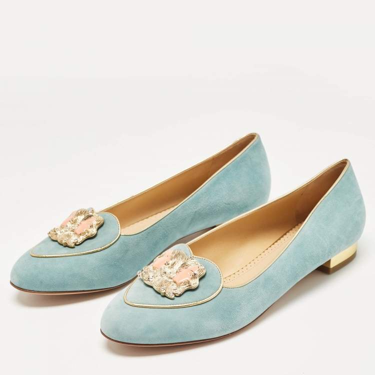 Pre Owned Charlotte Olympia Blue Suede Birthday Zodiac Gemini Ballet Flats Size 42