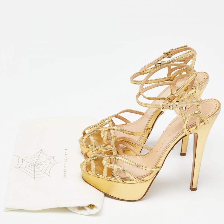 مملوكة مسبقًا Charlotte Olympia Gold Leather Strappy Platform Sandals Size 37.5