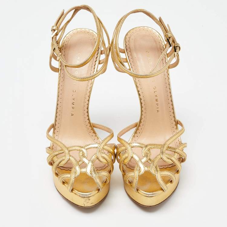 مملوكة مسبقًا Charlotte Olympia Gold Leather Strappy Platform Sandals Size 37.5