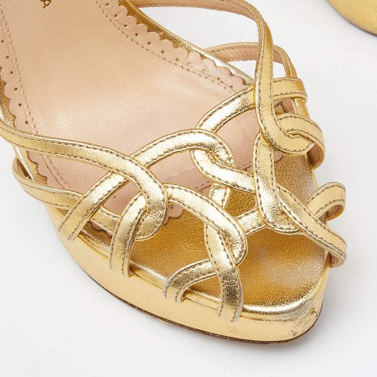 مملوكة مسبقًا Charlotte Olympia Gold Leather Strappy Platform Sandals Size 37.5