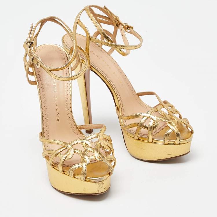 مملوكة مسبقًا Charlotte Olympia Gold Leather Strappy Platform Sandals Size 37.5