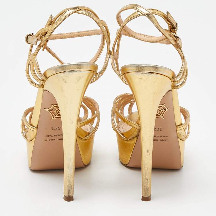 مملوكة مسبقًا Charlotte Olympia Gold Leather Strappy Platform Sandals Size 37.5