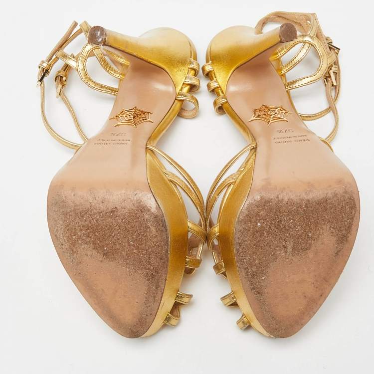 مملوكة مسبقًا Charlotte Olympia Gold Leather Strappy Platform Sandals Size 37.5