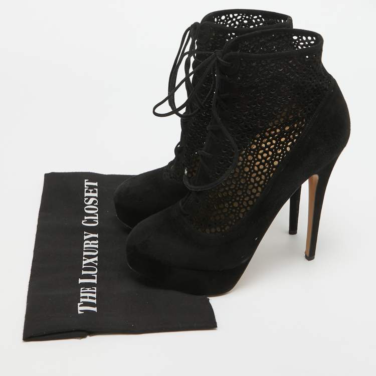 Pre Owned Charlotte Olympia Black Suede Lasercut Accents Ankle Boots Size 41