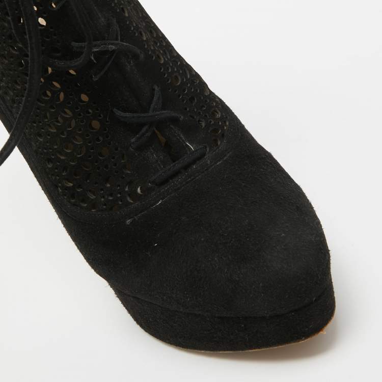 Pre Owned Charlotte Olympia Black Suede Lasercut Accents Ankle Boots Size 41