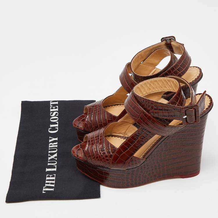 Pre Owned Charlotte Olympia Brown Croc Embossed Leather Ankle Strap Wedge Sandals Size 39
