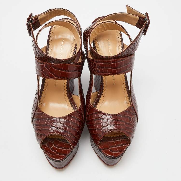 Pre Owned Charlotte Olympia Brown Croc Embossed Leather Ankle Strap Wedge Sandals Size 39